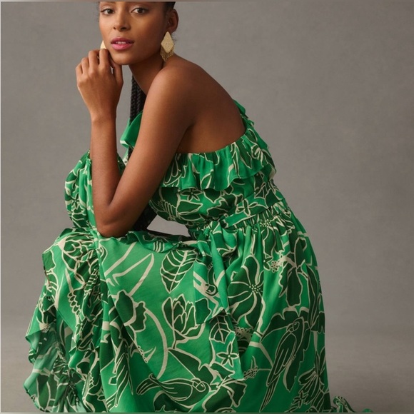 Farm Rio x Anthropologie Printed One-Shoulder Green Floral Ruffle Dress - Picture 2 of 9